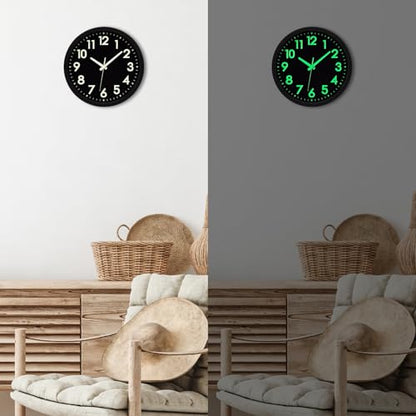 Glow in the Dark Wall Clock with Silent Lumious Night Light 12 in | Wall Clock Battery Operated, Lighted up, Easy to Read, Large Display,Analog Clock, for Bedroom Kitchen Living Room - color: All-black