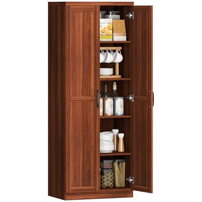 HOMCOM 63" 2-Door Kitchen Pantry 5-Tier Brown | Freestanding Storage Cabinet, Shelving, 2 Adjustable Shelves, for Dining Room - color: Brown