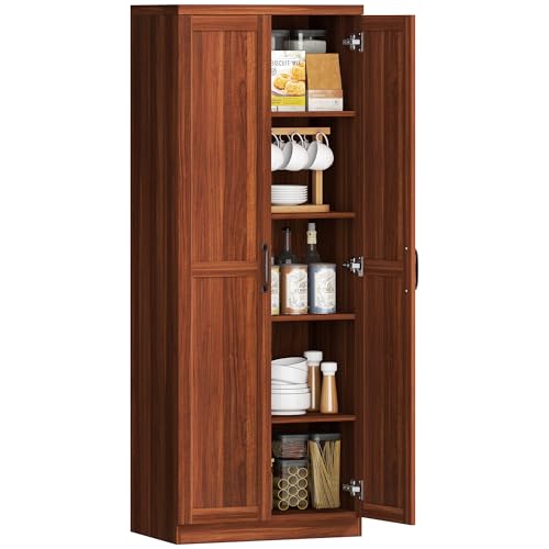 HOMCOM 63" 2-Door Kitchen Pantry 5-Tier Brown | Freestanding Storage Cabinet, Shelving, 2 Adjustable Shelves, for Dining Room - color: Brown