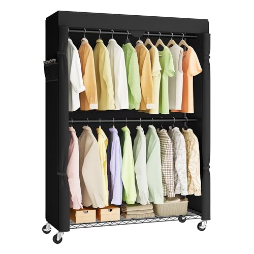 SONGMICS Heavy-Duty Rolling Clothes Rack, Garment Rack, Portable Closet on Wheels, with Adjustable Mesh Shelves and Hanging Rails, Fabric Cover, 15.8 x 43.3 x 78.3 Inches, Ink Black ULGR419BH01 - size: 43.3"W-With Fabric Cover