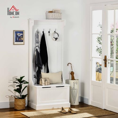 HOMCOM Hall Tree with Bench and Shoe Storage 3-in-1 Coat Rack White | Slim Bench with Coat Rack, 4 Hooks, Flip Top Storage Compartment - color: White, size: 28"