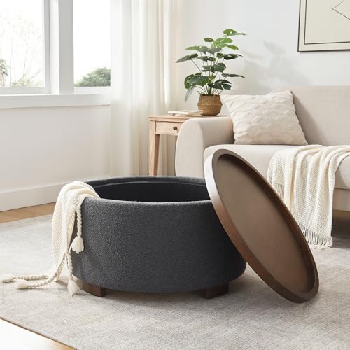 Zihanhome 30 Inch Round Storage Ottoman, Ottoman Coffee Table with Lift Off Lid, Boucle Modern Ottomans with Storage for Living Room, Bedroom, Apartments (Grey) - color: Grey