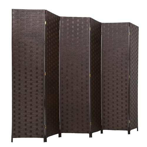 FDW Room Divider Wood Screen 6 Panel Folding Portable Partition Screens Wooden Mesh Woven Design for Home Office (Dark Brown) - color: Dark Brown, size: 6 Panel