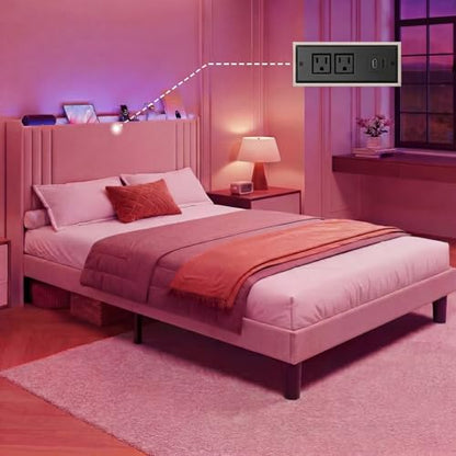 Gizoon Full Bed Frame with Charging Station and LED Lights | Upholstered Wingback Platform Bed with Padded Headboard,Wooden Slats,Noise-Free,No Box Spring Needed, Easy Assembly,Beige - color: Beige+led, size: Full