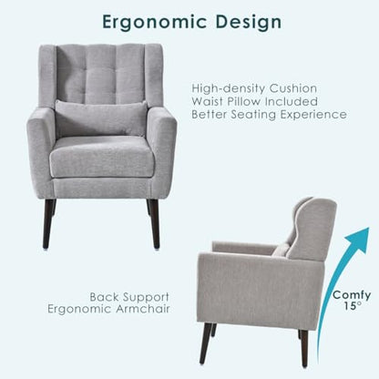 Accent Chair, Living Room Chairs with Solid Wood Legs & Pillow | Chairs Living Room with High Tufted Backrest, Reading Chair for Bedroom/Office, Chenille Fabric - color: Grey