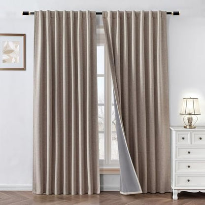 100% Blackout Curtains 90 inch Length 1 Panel Faux Linen Long Drapes for Bedroom Living Room Black Out Room Darkening Curtain Thermal Insulated Back Tab Rod Pocket(W100 x L90, Beige) - color: Beige, size: 100"W x 90"L (Pack of 1)
