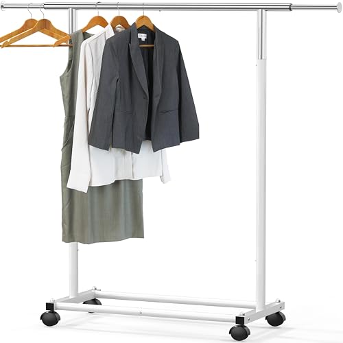 Simple Houseware Standard Rod Garment Clothing Rack, White | Single Rail, Extendable Width from 30 to 47 Inches, Rolling Clothing Organizer for Bedroom, Laundry, Living Room - color: White