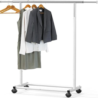 Simple Houseware Standard Rod Garment Clothing Rack, White | Single Rail, Extendable Width from 30 to 47 Inches, Rolling Clothing Organizer for Bedroom, Laundry, Living Room - color: White