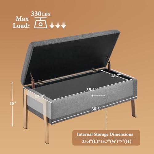 Storage Bench for Bedroom, Modern End of Bed Storage Ottoman Bench, Upholstered Linen Ottoman Bench with Metal Legs, Folding Bedroom Bench for Living Room, Entryway, Grey - color: Grey-1