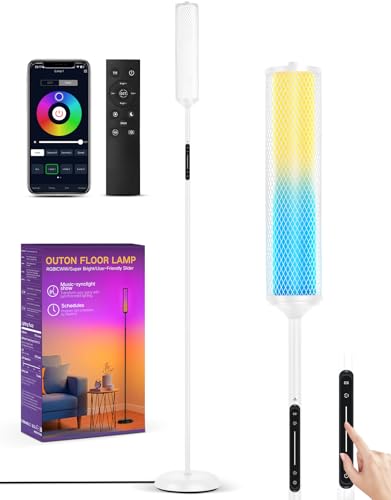 OUTON Bright Smart Floor Lamp with Remote, App & Touch Control, RGB Color Changing Standing Lamp, 2200K-6500K Dimmable, 3 Adjustable Heights, 32 Scenes for Living Room Bedroom Office,White & Metal - color: White & Metal Shade