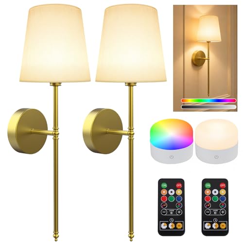 Wall Sconces Set of Two, Battery Operated Rechargeable Wireless Sconces Wall Decor with Remote, RGB Dimmable Wall Lamp for Bedroom Living Room Hallway (Gold) - color: 23.8 inch-Gold