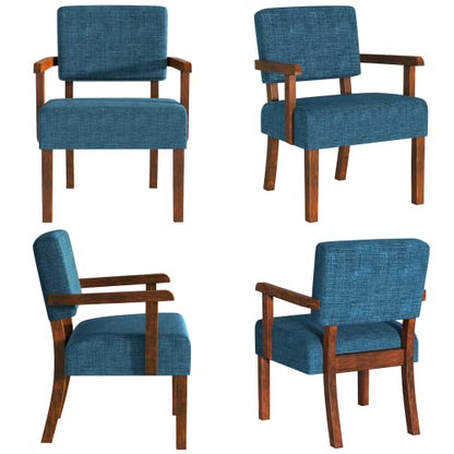 Accent Chairs Set of 2, 2 Solid Wood Armchairs with Side Table | Living Room Chairs with Soft Thicken Cushion, Comfy Reading Chair for Bedroom, Waiting Room, Home Office, Easy Assembly - color: Linen Blue, size: Set of 2 with table