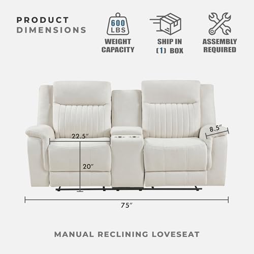 Lexicon 75" W Manual Double Reclining Loveseat with Center Console, Beige | Polished Microfiber Manual Wall Hugger Loveseat Recliner, Cup Holders, for Living Room, Tool Free Assembly - color: Beige, size: Reclining Loveseat