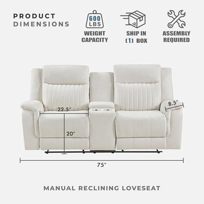 Lexicon 75" W Manual Double Reclining Loveseat with Center Console, Beige | Polished Microfiber Manual Wall Hugger Loveseat Recliner, Cup Holders, for Living Room, Tool Free Assembly - color: Beige, size: Reclining Loveseat