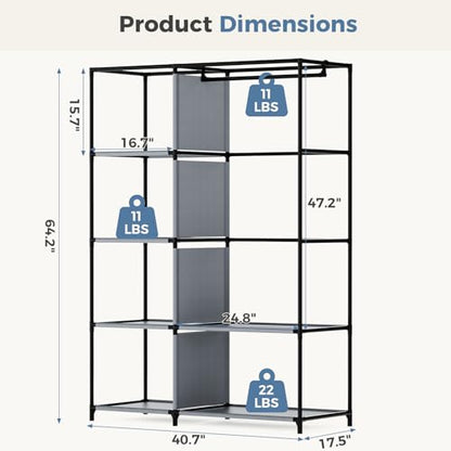 DUMOS Portable Wardrobe Closet with Cover, Freestanding Portable Garment Rack, Portable Closet Wardrobe for Clothes Storage, Clothes Organizer for Bedroom, Dorm, Apartment, Gray.