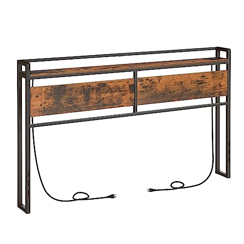 HOOBRO King Size Headboard, Headboard with 2 Outlets and 4 USB Ports, Adjustable Height, Storage Rack, Sturdy and Stable, Easy Assembly, Rustic Brown and Black - color: Rustic Brown + Black, size: King