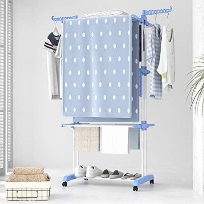 HOMIDEC Clothes Drying Rack, 4-Tier(67.7" H) Foldable Drying Rack Clothing | Foldable Stainless Steel Drying Rack, Movable Laundry Drying Rack with 4 Castors and 14 Hooks for Bed Linen, Clothing, Blue - color: Blue