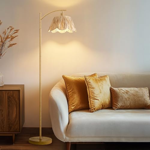 Boho Floor Lamp for Living Room, Farmhouse Standing Lamp with Foot Switch, Corner Reading Lamps for Bedroom with Hand-Woven Shade, Light Woodgrain Metal Base & Pole - color: Light Wood