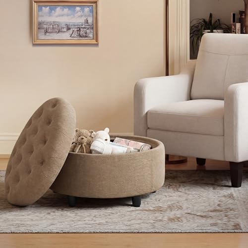 COLAMY Round Hidden Storage Ottoman with Reversible Tray Lid – Multi-Functional Footrest, Sturdy & Stylish Fabric Coffee Table for Living Room, Bedroom, or Entryway, Camel - color: Camel