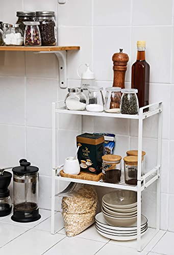 Shantton 2pk Kitchen Cabinet Shelf Counter Organizer Rack Pantry Storage Bathroom Bedroom Office Table Desk Space Saving Steel Frame Stackable Rust Resistant Non Slip White-Tall- L13in W8.3in H9.5in | 2-Pack Stackable Metal Riser Holds 40LBS with Non-Slip