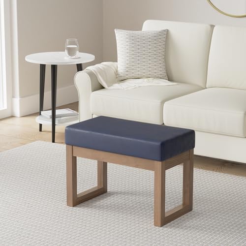 SIMPLIHOME Milltown 27" Wide Vegan Leather Rectangle Ottoman in Dark Blue | Distressed dark blue, contemporary ottoman, footstool or footrest with a cushioned seat for extra seating in the bedroom. - color: Distressed Dark Blue, style: Small Ottoman Bench