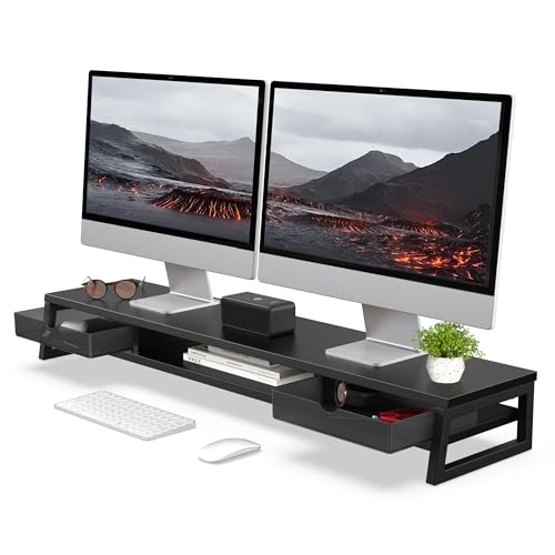 Fenge Dual Monitor Stand Riser, 42.5in Desk Shelf with 2 Drawers, Black | 2-Tier Monitor Shelf for Desk, Storage Drawer with Stopper, Frosted, fit Home Office, Ultrawide Screen, PC, Laptop, TV - color: Black