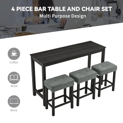 59" Industrial 4 Piece Bar Table Set with Built-in Power Outlet, Behind Couch Sofa Table with 3 Linen Upholstered Stools, Bar Table and Chairs Set for Living Room, Dining Room, Lounge, Black - color: R2-black