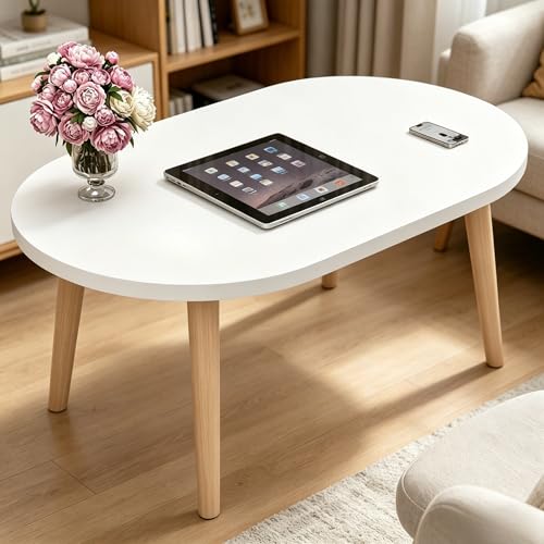 23.6" Small Coffee Table for Small Space, Mini Low Oval Coffee Table | with 4 Solid Wood Leg, Floor Table Desk for Sitting on The Floor, Side Tea Table for Living Room Apartment, Oval White - color: 23.6"l Oval White
