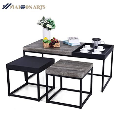 MAISON ARTS Nesting Coffee Table Set of 3, Wood-Like and Black | Rectangle Center Table, Morden Living Room Coffee Table and End Table Sets for Home Indoor Use - color: Wood-like&black