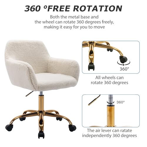 Faux Fur Office Desk Chair, Comfy Swivel Armchair with Wheels, Upholstered Fuzzy Vanity Chair, Adjustable Height, White | Fluffy Swivel Modern Armchair Upholstered Fuzzy Height Adjustable for Teens Women Girls Elegant for Living Room Bedroom - color: Whit