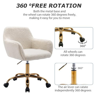 Faux Fur Office Desk Chair, Comfy Swivel Armchair with Wheels, Upholstered Fuzzy Vanity Chair, Adjustable Height, White | Fluffy Swivel Modern Armchair Upholstered Fuzzy Height Adjustable for Teens Women Girls Elegant for Living Room Bedroom - color: Whit
