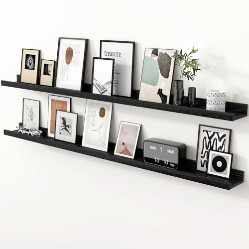 Oak Picture Ledge Shelf, 55 Inch Floating Shelves Set of 2, Solid Oak Wood Wall Shelves with Lip, Wall Decor Storage for Bedroom Living Room Bathroom Kitchen Nursery Photo Picture, Black - color: Black, size: 55inch