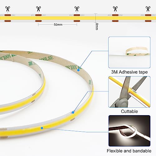 AXMOTUT COB LED Strip Light with Remote, Dimmable 24.6FT/7.5M Flexible High Density LED Light,4000K Natural White 2400LEDs Super Bright LED Light Strip CRI 90+ for Bedroom,Kitchen,DIY Home Decoration - size: 4000K/24.6fT