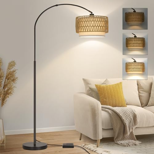 Rattan Floor Lamp, Dimmable Arc Floor Lamps with Adjustable Head | Boho Farmhouse Standing Lamp, Tall Pole Lamp Reading Light for Living Room, Bedroom, Over Couch, Office, 9W LED Bulb Included - color: Black Base with Rattan Shade