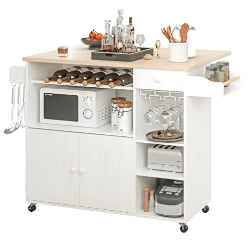 IRONCK Rolling Kitchen Island Cart with Drop-Leaf and Wine Rack, White | Wheels, Drawers, Open Shelves, Adjustable Shelves, and Spacious Drawer Storage - color: White