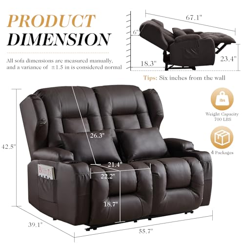 Loveseat Recliner Sofa,RV Wall Hugger Recliners for Small Spaces,Reclining Loveseat Sofa Recliner with Cup Holders/Lumbar Pillows,RV Furniture (Brown, 56" 2-Seater) - color: Brown, size: 56" 2-Seater