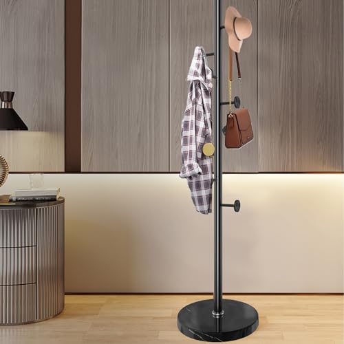 Coat Rack Stand,Black Metal Coat Rack Freestanding with 8 Hooks | Modern Coat Rack with Natural Marble Base,Coat Hanger Stand, 3 Adjustable Coat Clothes Tree Stand for Office - color: Black-8Hooks
