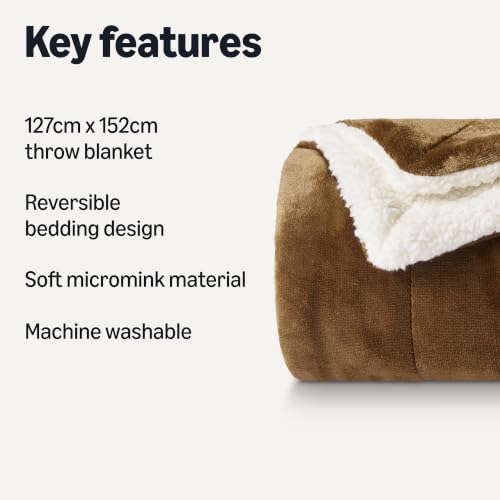 Amazon Basics Reversible Sherpa Throw Blanket, Soft Flannel and Plush, 50"x60", Brown - color: Brown, size: Throw (50"x60")