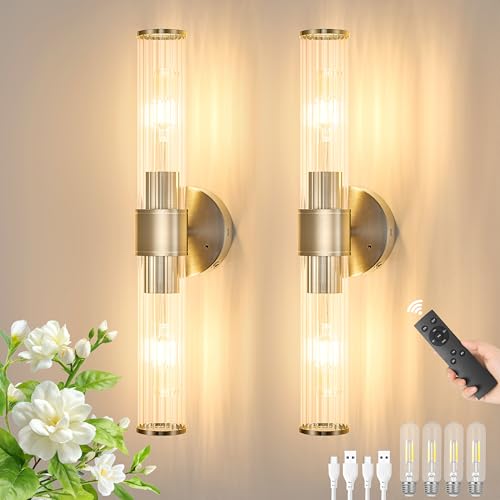 Morauroral Sand Nickel Battery Operated Wall Sconces Set of Two, Rechargeable Wall Sconce with Dimmable Remote Control, 20 Inch Wireless Sconce Wall Light for Bedroom, Living Room (Bulbs Included) - color: Sand Nickel
