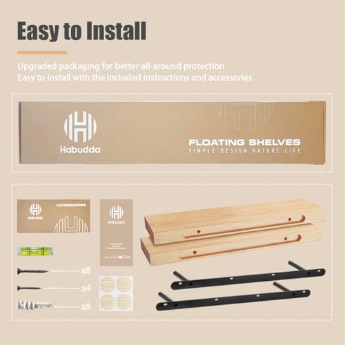 Habudda Floating Shelves, Wooden Wall Shelf for Rustic Decor, Hanging Display Shelving for Bedroom Bathroom Kitchen Living Room, Natural Wood, Invisible Bracket, 23.6"×6.7"×1.6", 2-Pack | Floating Wall Shelves, Rustic Farmhouse Hanging Display Shelf for B