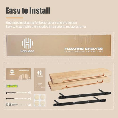Habudda Floating Shelves, Wooden Wall Shelf for Rustic Decor, Hanging Display Shelving for Bedroom Bathroom Kitchen Living Room, Natural Wood, Invisible Bracket, 23.6"×6.7"×1.6", 2-Pack | Floating Wall Shelves, Rustic Farmhouse Hanging Display Shelf for B