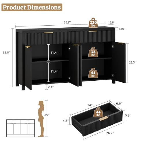 55" Sideboard Buffet Cabinet with Storage for Kitchen, Black | Adjustable Shelves, Quiet Full-Extension Slides, Curved Metal Handle, Coffee Bar with Drawers for Dining Room, Entryway - color: Black, size: 13.8"D x 55.09"W x 32.8"H