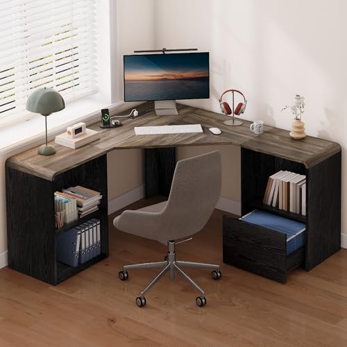 59'' Reversible L-Shaped Computer Desk, Black | Corner Desk w/ Fluted Storage, Sliding Doors, Drawers & 4AC+USB-C. Reversible Fits Any Room Layout For Home Office - color: Black