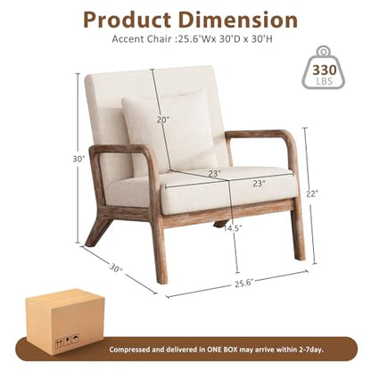 Mid Century Accent Chair with Solid Oak Frame & Linen Fabric, Beige | Upholstered Lumbar Pillow Lounge Chair Linen Fabric Cozy Leisure Chair Walnut Living Room Chair for Bedroom Waiting Room - color: Weathered Oak - Beige Fabric, style: 1 PCS