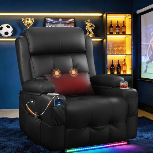 Home Theater Seating, Power Recliner Sofa Single Chair with Massage & Heat | Wall Hugger Reclining Single Chairs with USB, RV Furniture with LED Lights, Cup Holders for Movie Theater, Gaming Room - color: Black, size: 34" - 1 Seat