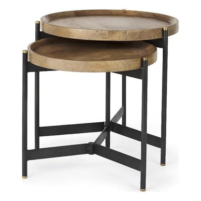Pemberly Row Nesting Side Tables, 22.5Lx22.5Wx20.8H, Mango Wood Tray Tops, Foldable Black Metal Frames with Gold Accents, Compact Storage, Versatile Accent Tables for Living Room or Bedroom Use