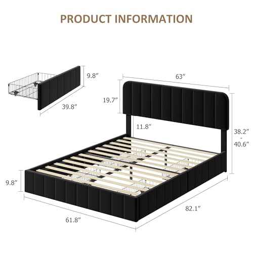 Garvee Queen Size Velvet Bed Frame with 4 Storage Drawers, Upholstered Platform Bed with Vertical Channel Tufted Adjustable Headboard, No Box Spring Needed, Easy Assembly, Black | Plush Velvet Comfort, Adjustable Tufted Headboard, Sturdy Slat Support, Qui