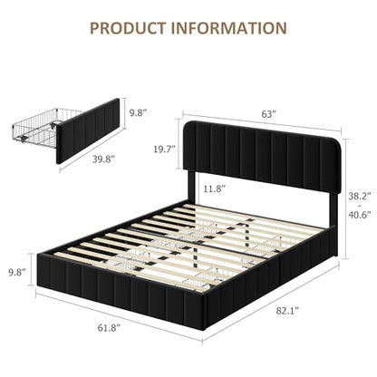 Garvee Queen Size Velvet Bed Frame with 4 Storage Drawers, Upholstered Platform Bed with Vertical Channel Tufted Adjustable Headboard, No Box Spring Needed, Easy Assembly, Black | Plush Velvet Comfort, Adjustable Tufted Headboard, Sturdy Slat Support, Qui
