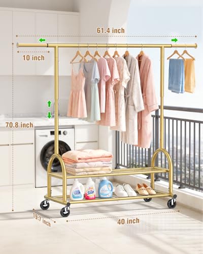 Heavy Duty Clothes Rack for Hanging Clothes Load 556 LBS, Height Adjustable Rolling Clothing Racks, Portable Metal Coat Rack Garment Wardrobe with Wheels and Shelves for Bedroom Laundry, Gold - color: Gold, style: 2 Shelves