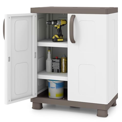 GIANTEX Storage Cabinet with 2 Doors and Adjustable Shelves, Modern Plastic Base Garage Organizer, Floor Sideboard for Kitchen, Dining Room, Bathroom (Wide-29"x19"x37",White+Brown) - color: White+brown, size: Wide-29"x19"x37"